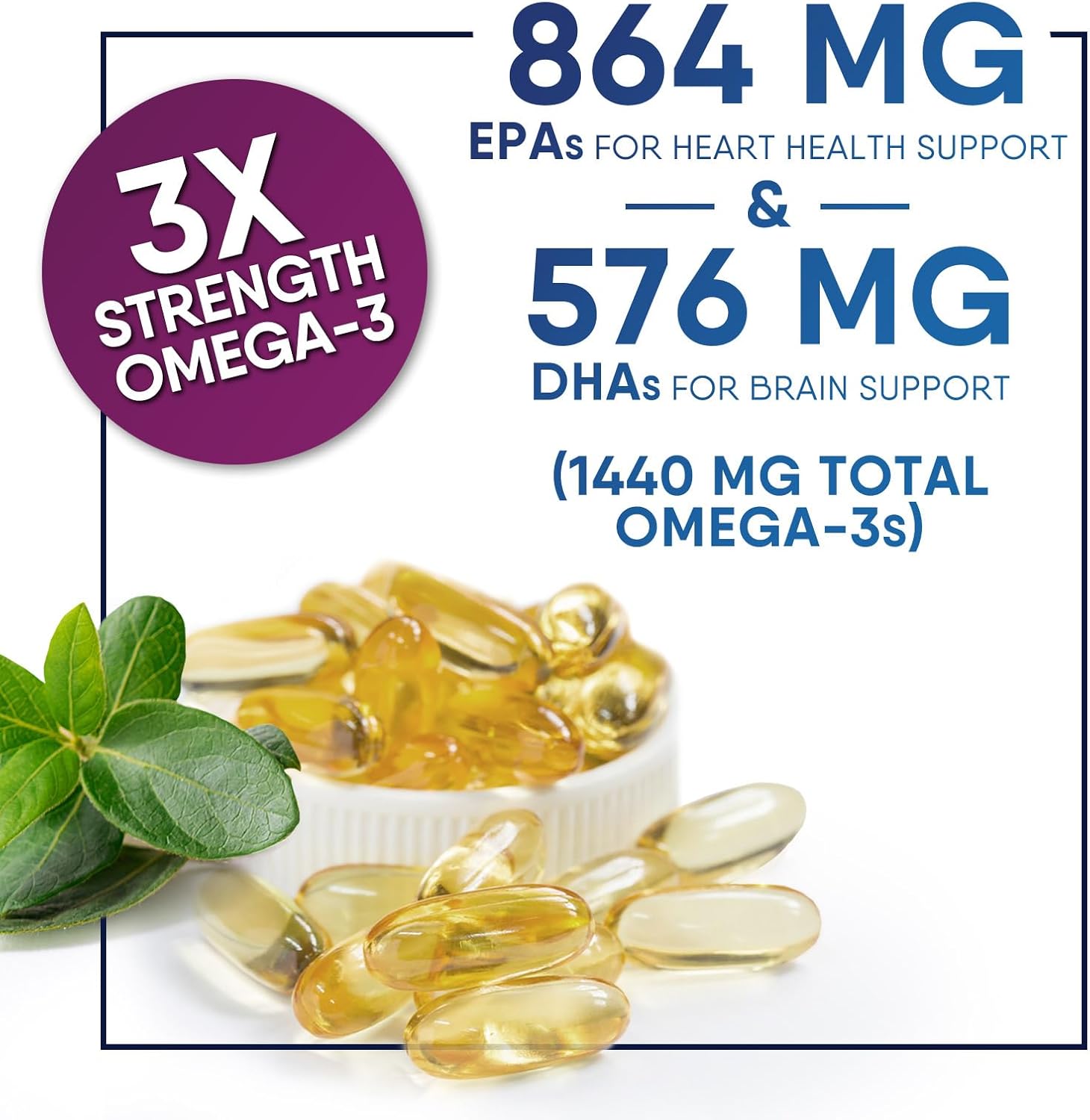 Omega 3 Fish Oil 2400 Mg - Triple Strength Omega3, Epa & Dha Fatty Acids Supplement - Natural Support For Immune, Heart & Brain Health - Wild Caught, Non-Gmo, Lemon Flavor, Burpless - 120 Softgels : Health & Household