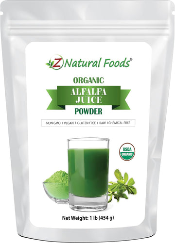 Z Natural Foods Organic Alfalfa Juice Powder, Green Grass Superfood Powder, Mix In Smoothies, Drinks, Recipes - Raw, All Natural, Non Gmo, Vegan, Gluten Free - 1 Lb