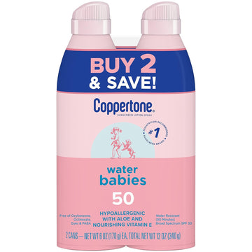 Coppertone Water Babies Sunscreen Lotion Spray SPF 50, Water Resistant, Pediatrician Recommended for Babies, 6 Oz Spray, Pack of 2