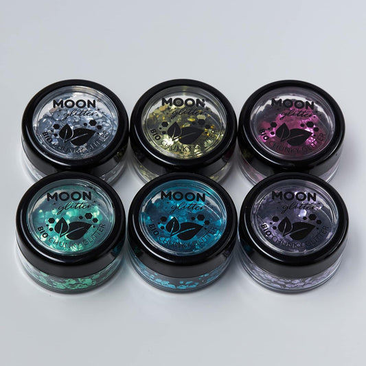 Biodegradable Eco Chunky Glitter By Moon Glitter - Set Of 6 Colours + Fix Gel - Cosmetic Bio Festival Makeup Glitter For Face, Body, Nails, Hair, Lips - 3G