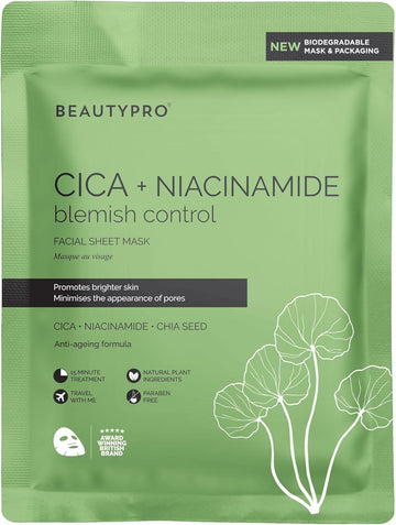 Beautypro Cica Niacinamide Blemish Control Anti-Ageing Face Mask Minimise Breakouts Regulate Oil Levels Multi 100% Biodegradable Plant Based Formula Natural Vegan Skincare Multi Award Winning Brand