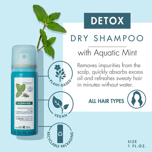 Klorane Detox Dry Shampoo with Aquatic Mint, All Hair Types, Invisible Finish, Cooling, Paraben & Sulfate-Free