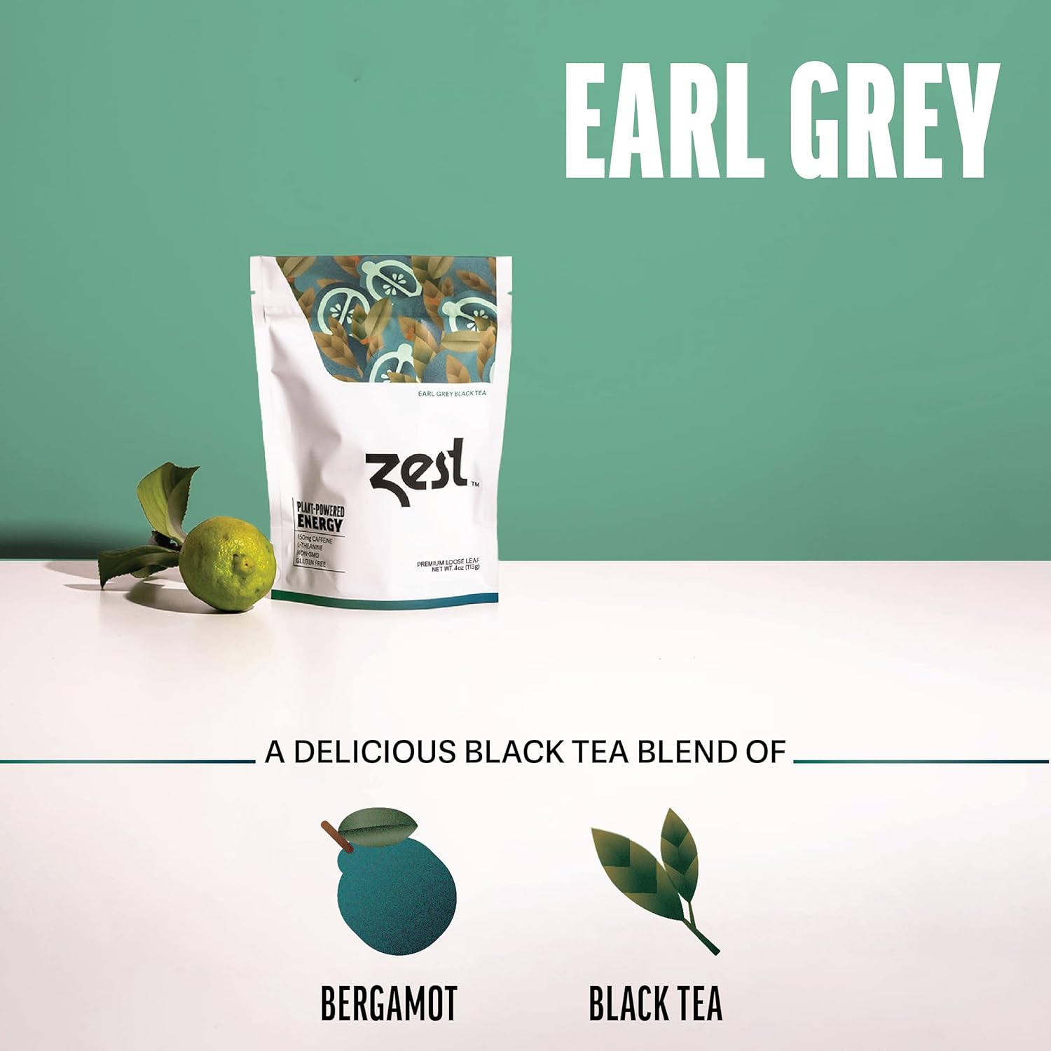 Zest 150Mg High Caffeine Energy Loose Leaf Blend - Earl Grey Black Tea - 4 Oz - Hot Or Iced - All Natural Strong Flavored Healthy Coffee Alternative Highly Caffeinated Substitute - Perfect For Keto