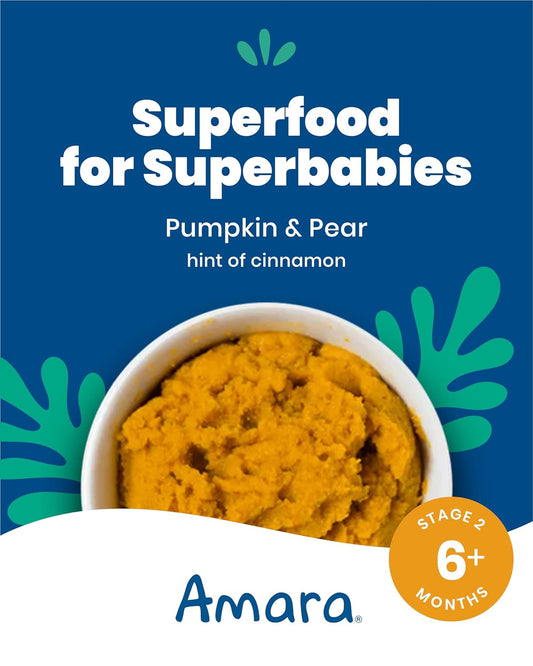 Amara Organic Baby Food - Stage 2 - Pumpkin Pear - Baby Cereal To Mix With Breastmilk, Water Or Baby Formula - Shelf Stable Baby Food Made From Organic Fruit And Veggies - 5 Pouches, 3.5Oz Per Serving