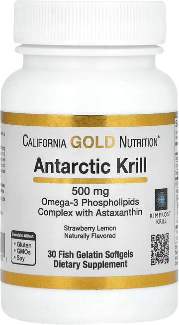 California Gold Nutrition Antarctic Krill Oil, 500 Mg Omega-3 Phospholipids With Naturally Occurring Astaxanthin, Natural Strawberry & Lemon Flavor, Non Gmo, 500 Mg, 30 Fish Gelatin Softgels