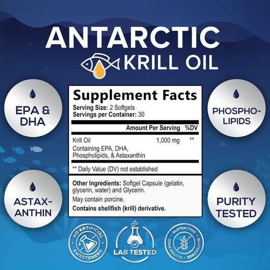 Krill Oil Omega 3 Supplement 1000 Mg - Antarctic Krill Oil With Omega-3 Epa, Dha With Astaxanthin Sourced From Red Krill, Brain Health & Immune Support With Phospholipids - 30 Servings, 60 Softgels