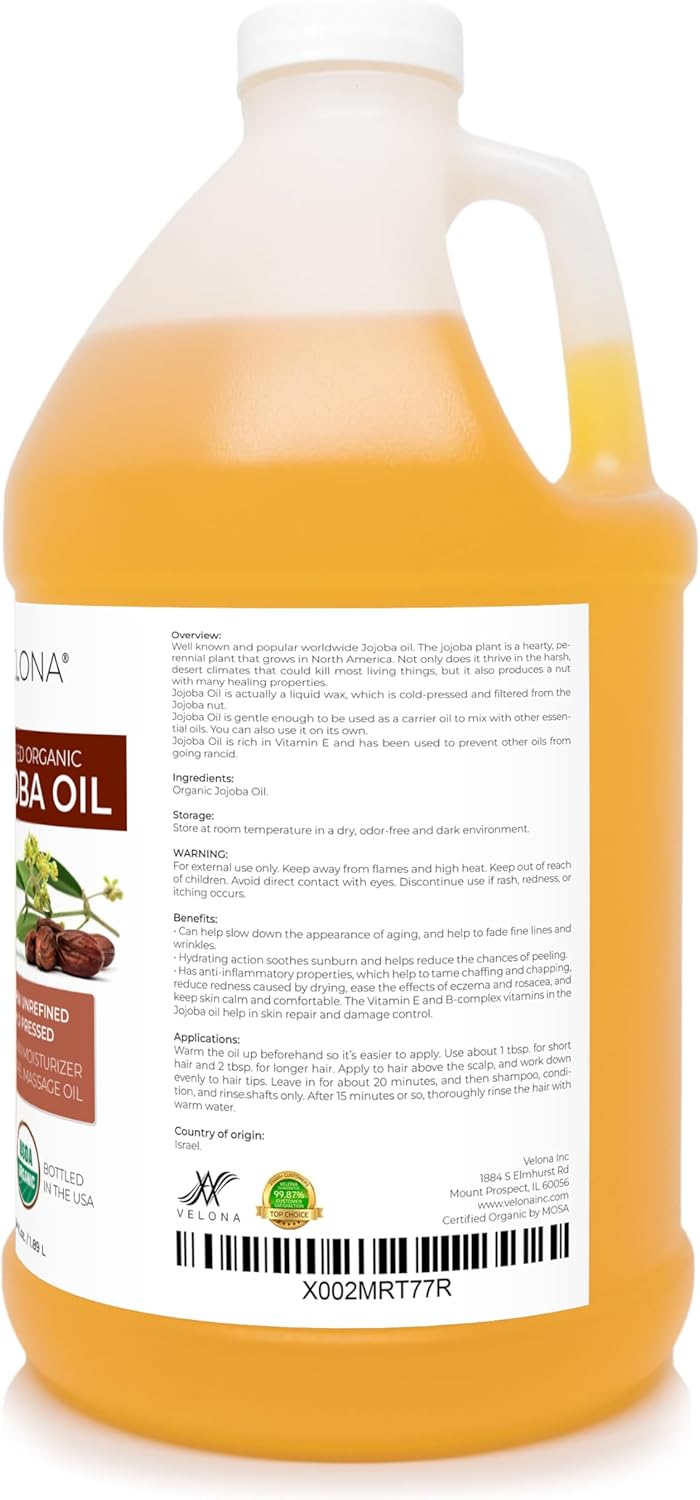 velona Jojoba Oil USDA Certified Organic - 64 oz | 100% Pure and Natural Carrier Oil| Golden, Unrefined, Cold Pressed, Hexane Free : Beauty & Personal Care