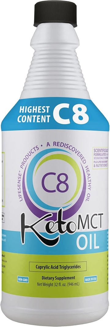 Lifesense C8 Mct Oil, Keto-Friendly, Sourced From Coconut Oil, Clinically Proven To Increase Ketone Production, Optimal Fuel For The Brain And Body, Made In Usa By Phd Nutrition, 32 Oz