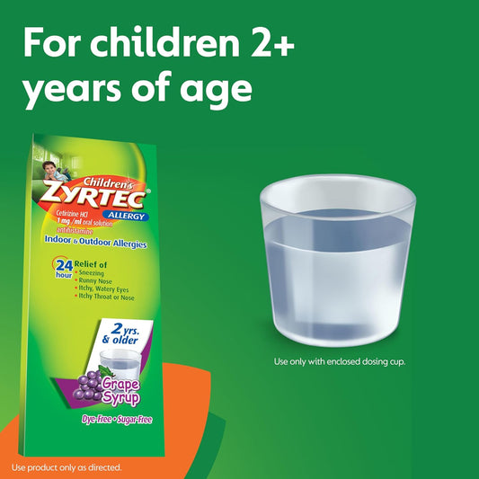 Zyrtec 24 Hr Children'S Allergy Syrup With Cetirizine, Dye- & Sugar-Free, Bubble Gum, 4 Fl. Oz