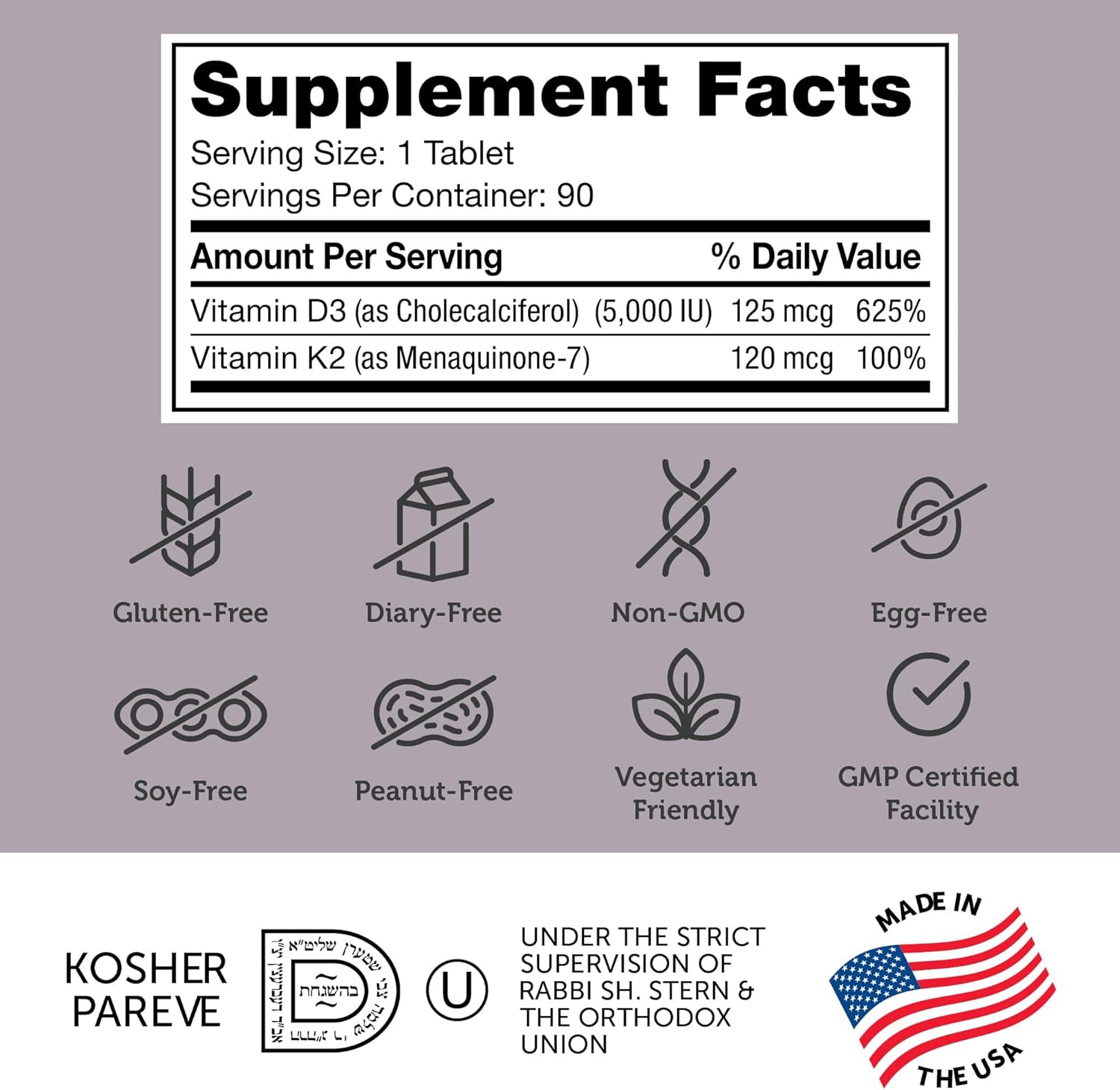 Zahler - Vitamin D3 & K2 Chewable Supplement (90 Count) - Certified Kosher K2 D3 Vitamin 5000 Iu Delicious Chew Tablet - Vitamin D & K2 For Calcium Absorption, Bone Density & Immune Support : Health & Household