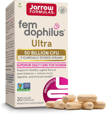 Jarrow Formulas Fem-Dophilus Vaginal & Digestive Probiotic 50 Billion Cfu, 9 Clinically-Studied Strains, For Vaginal Flora & Yeast Balance, Urinary Tract, Digestive, & Immune Support, 30 Capsules
