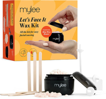 Mylee Let’S Face It Wax Kit – Professional Facial Waxing Kit With Black Mini Heater, 50G Precision Face Wax Beads (Peach & Chamomile), Wooden Waxing Spatulas, Ear & Nose Wax Applicators & Usb Cable