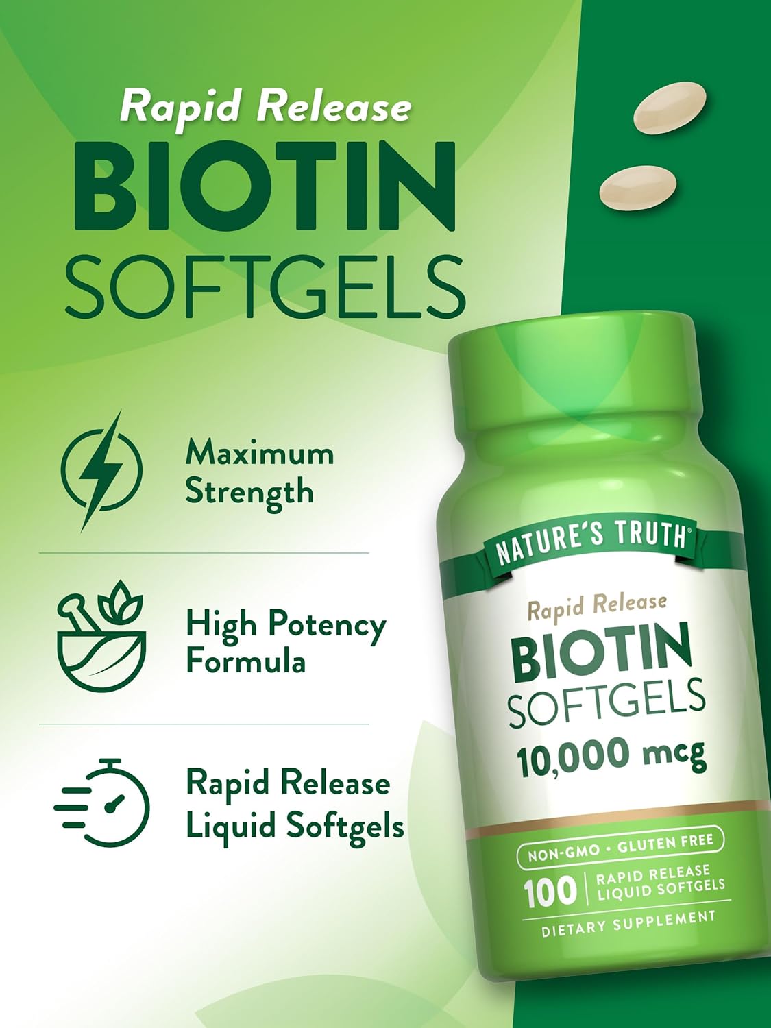 Nature's Truth Biotin 10,000mcg | 100 Softgels | Non-GMO Gluten Free Supplement : Health & Household