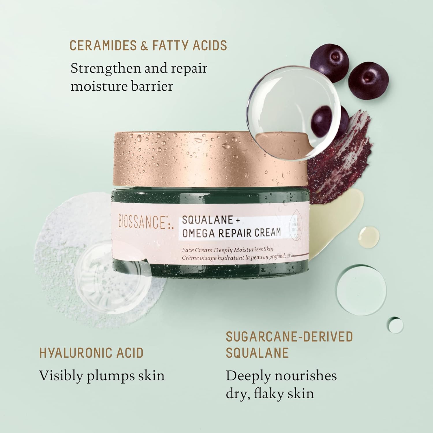Biossance Squalane + Omega Repair Cream - Ultra-Moisturizing Face Cream - Skin Care With Hyaluronic Acid, Ceramides, Squalane - Ideal For Dry & Sensitive Skin, Intense Hydration Moisturizer - 3.38Oz : Beauty & Personal Care