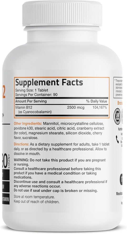Vitamin B12 2500Mcg Shot Of Energy Fast Dissolve Chewable Tablets - Quick Release Cherry Flavored Sublingual B12 Vitamin - Supports Nervous System, Healthy Brain Function Energy Production โ 90 Count