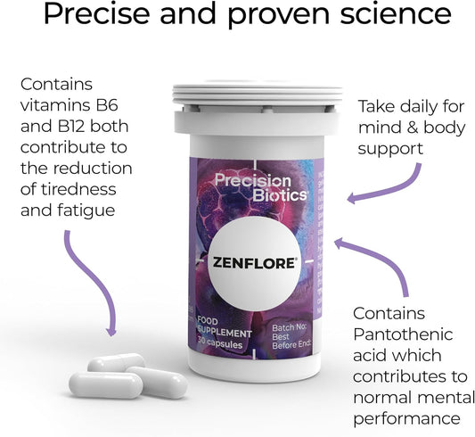 Zenflore 12 Week Plan - By Precisionbiotics - Probiotics Supplement With Unique Bifidobacterium Longum Bacteria Strain 1714 + Vitamin B6 And B12 - For Mental Performance - 90 Capsules