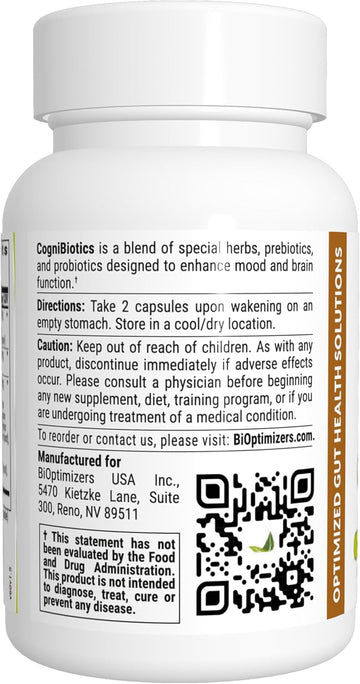 Bioptimizers Cognibiotics Probiotic Brain Supplement - Helps Support Mood, Better Focus, Memory, Mental Clarity - 60 Capsules