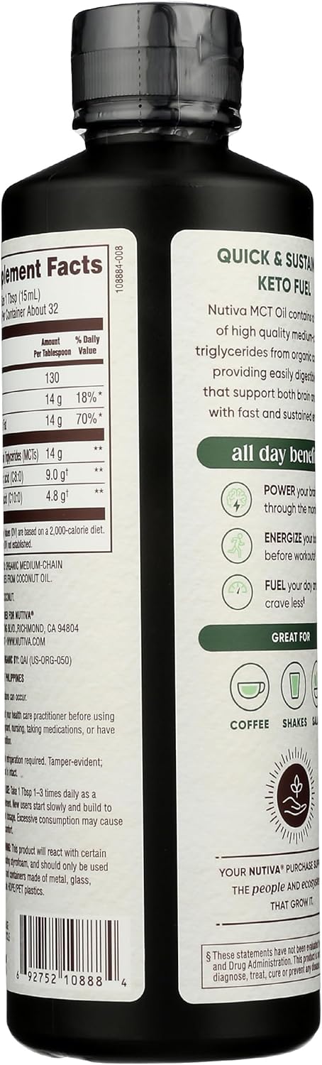 Nutiva Organic Mct Oil, 16 Fl Oz, Unflavored For Keto Coffee, Non-Gmo Oil Made From Organic Coconuts, Keto Friendly, Best Mct Oil Wellness Ketosis Supplement, 14G Of C8 & C10 Per Serving