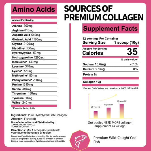 Zammex Marine Collagen Peptides Powder Unflavored, Wild-Caught Fish Collagen Powder, Supports Healthy Skin, Hair, Joints, Type 1 & 3 Collagen Supplement For Women - Easy To Mix. (32 Servings)