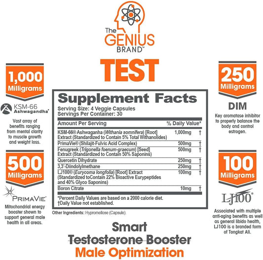 Genius Test, Advanced Testosterone Booster For Men - Natural Stamina, Endurance, Energy & Strength Enhancing Supplement - Lean Muscle Builder, Brain & Libido Support Male Supplements, 120 Veggie Pills