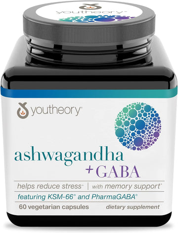 Youtheory Ashwagandha+Gaba, Helps Reduce Stress With Memory Support, 60 Vegetarian Capsules