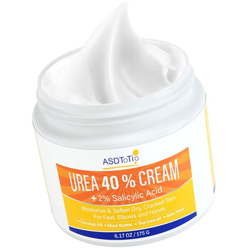 Urea Cream 40% - Foot Care For Dry Cracked Heels, Foot Lotion - With 2% Salicylic Acid, Tea Tree Oil, Shea Butter, Aloe Vera - For Feet, Hands, Heels, Elbows, Knees And More - 6 Oz
