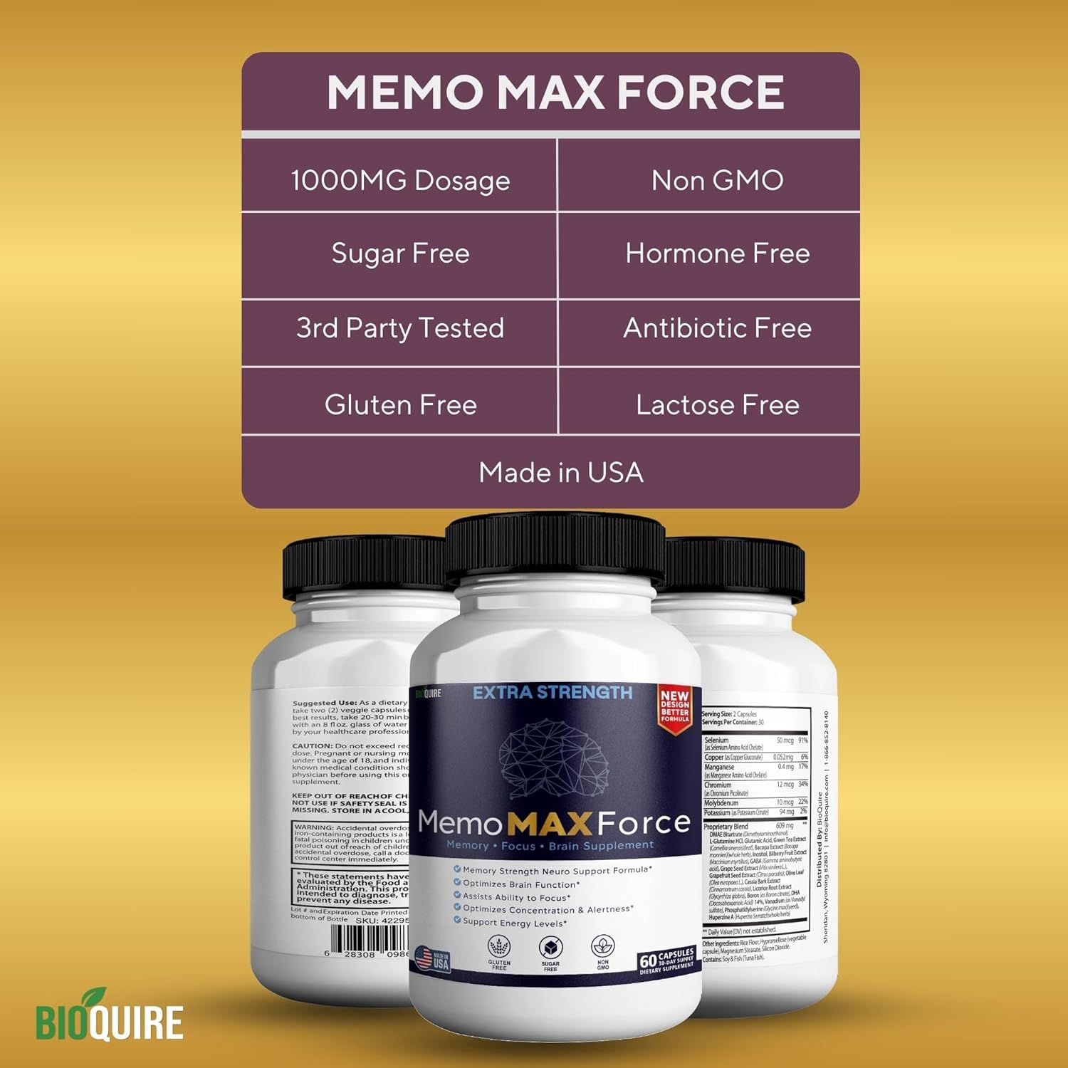 Bioquire Memomax Force Extra Strength Brain Supplement, 60 Capsules, Memory Focus Support With Vitamins And Minerals (2) : Health & Household