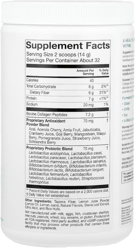 Solumeve Collagen With Probiotics And Superfruits, Powdered Drink Mix, Strawberry Lemonade, 16 Oz (454 G)