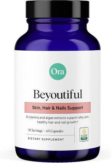 Ora Organic Hair, Skin, And Nails Support- Beyoutiful - Beauty Supplement With B Vitamins And Algae Extracts For Healthy Hair And Skin - 60 Vegan Capsules