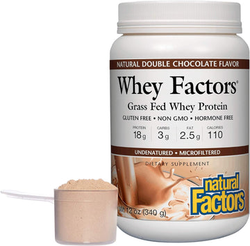 Whey Factors By Natural Factors, Grass Fed Whey Protein Concentrate, Aids Muscle Development And Immune Health, Double Chocolate, 12 Oz