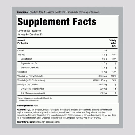 Piping Rock Cod Liver Oil Liquid 16 fl oz | with EPA DHA | Engelvaer Norwegian | Non-GMO, Gluten Free Supplement