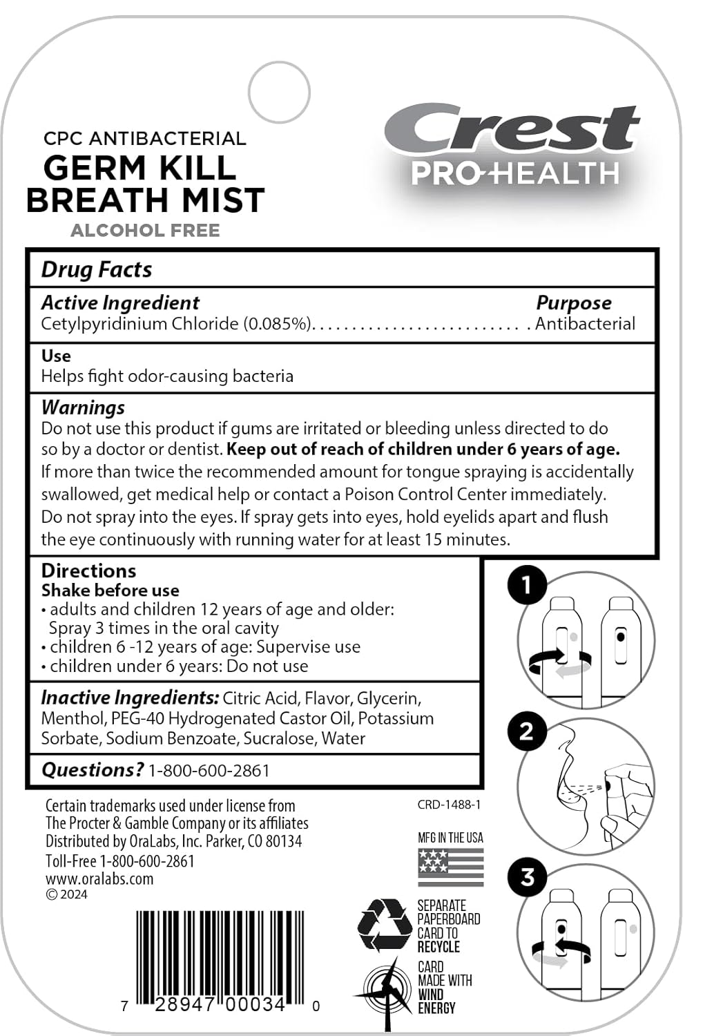 Crest Pro-Health | Portable Alcohol-Free Cpc Mist With Clean Mint Flavor | Instant Fresh Breath - 3 Count (0.24Oz/7Ml) Breath Spray : Health & Household
