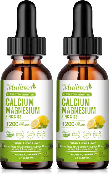 Calcium Magnesium Zinc Liquid With Vitamin D3, Magnesium Glycinate Plus Vitamin C K2| High Absorption Plant Calcium Supplement For Heart & Bone| Gluten Free,Sugar-Free | 60 Servings | Lemon Flavor