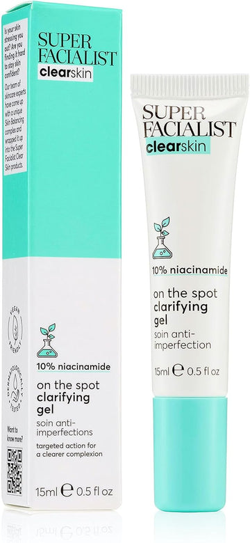 Super Facialist On The Spot Clarifying Gel - Spot Treatment For Acne With 10% Niacinamide, Tea Tree Oil & Prebiotics, Vegan Friendly 15Ml