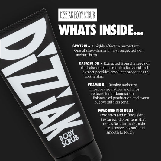 Dizziak Exfoliating Body Scrub – The Ultimate Clean And Polish – Rice Hulls, Babassu Oil, Glycerin, Citric Acid & Vitamin A – Gentle Yet Powerful – 200Ml