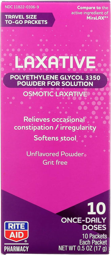 Rite Aid Laxative Powder Packets, Travel Size - 10 Packs Of Single Doses, Polyethylene Glycol 3350, Stool Softner For Constipation Relief