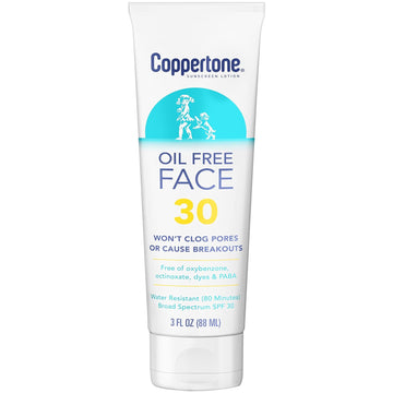Coppertone Face Sunscreen SPF 30, Oil Free Sunscreen for Face, Water Resistant SPF 30 Sunscreen Face Lotion, Travel Size Sunscreen, 3 Fl Oz Tube