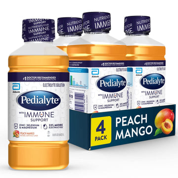Pedialyte With Immune Support Electrolyte Solution, Peach Mango, Hydration Drink With Zinc, Selenium, And Magnesium, 1 Liter, Pack Of 4