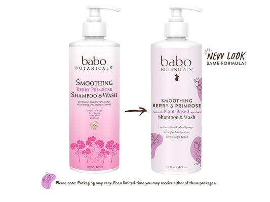 Babo Botanicals Smoothing Berry 2-In-1 Shampoo & Wash - Detangling & Nourishing - Eliminates Frizz & Prevents Static - Evening Primrose Oil - For All Ages - Light Berry Fragrance- Vegan