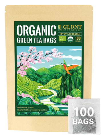 Gldnt Organic Green Tea Bags, Natural Pure Organic Green Tea, Super Antioxidant, Caffeinated, 100 Count