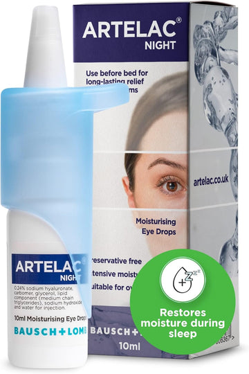 Artelac Night Eye Drops, Symptom Relief For Tired, Dry, Stressed, Gritty, Burning And Tearing Eyes, Preservative Free And Restores Moisture During Sleep, 10Ml