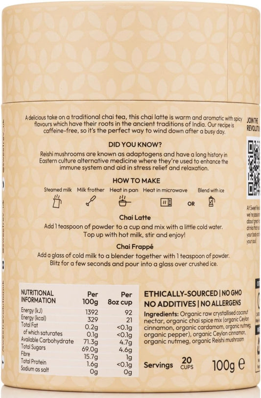 Sweet Revolution Organic Chai Latte With Reishi Barista Blend (1 X 100G) Tub. Caffeine Free, Gluten Free, Dairy Free, Refined Sugar-Free
