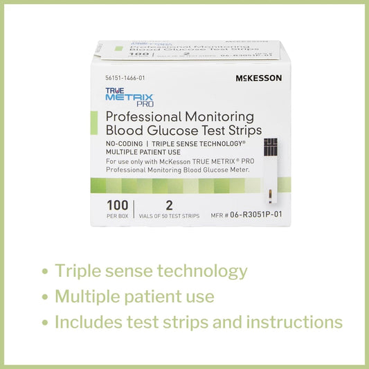 Mckesson True Metrix Pro Professional Monitoring Blood Glucose Test Strips - No Coding, Triple Sense Technology, Multiple Patient Use - Vials Of Strips, 100 Strips, 1 Pack