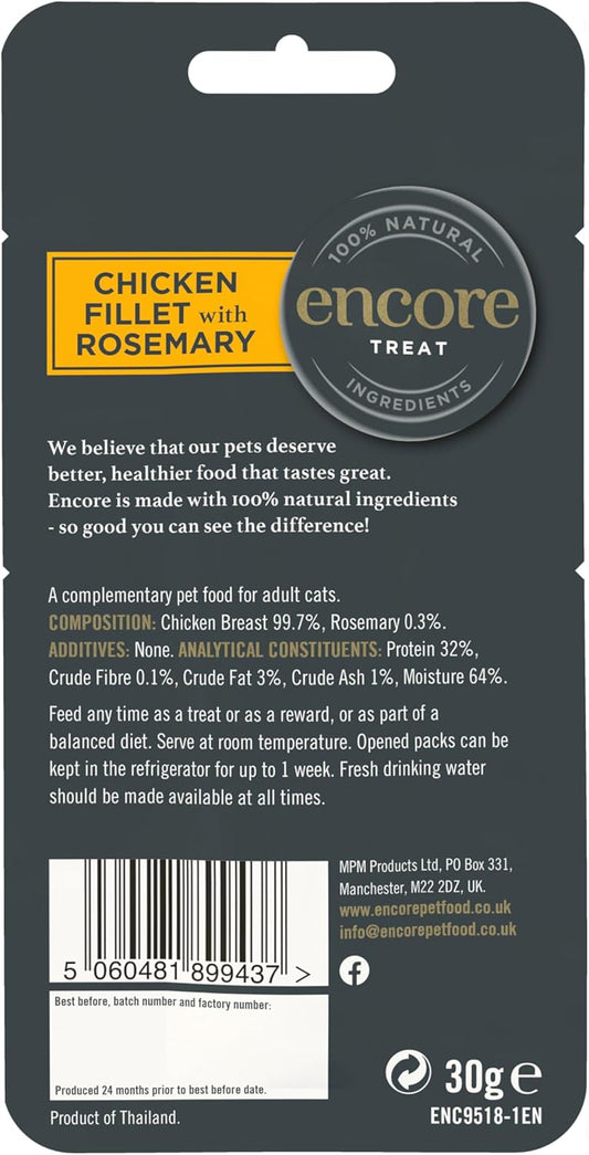 Encore 100% Natural Cat Treats, Chicken Fillet With Rosemary Loin Cat Snack, 12X 30G PouchEnc9518-1En
