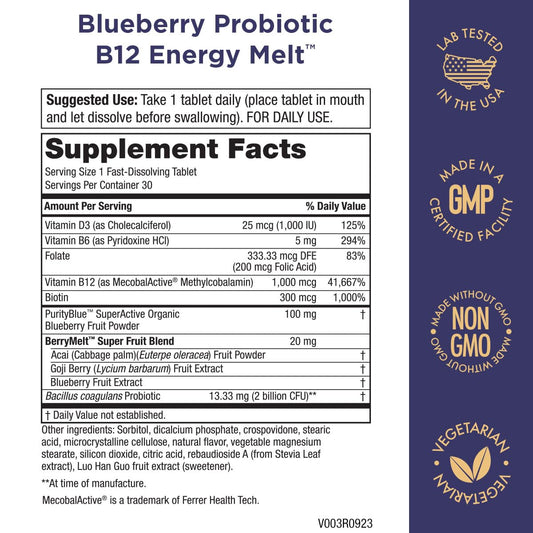 Purity Products Blueberry Probiotic B12 Energy Melt Produra Clinical Probiotic - Organic Blueberries, Methylcobalamin B-12-30 Melts