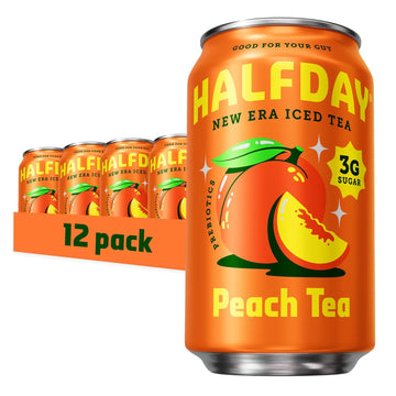 Halfday Prebiotic Peach Iced Tea Cans, Supports Digestive & Gut Health, 6G Plant Fiber & Prebiotics, Low Sugar, 35 Calories, Real Brewed Tea, Natural Caffeine, Gluten Free, Keto, 12 Fl Oz (12 Pack) Packaging May Vary