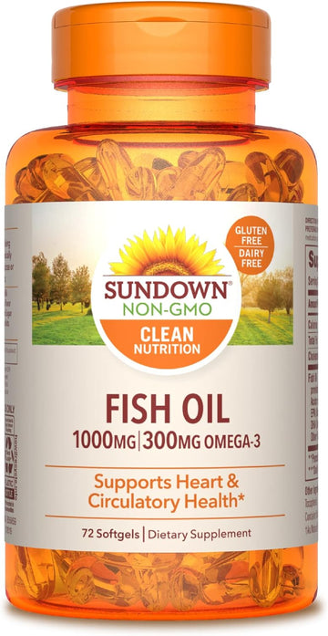 Sundown Fish Oil 1000 mg, Supports Heart Health, 72 Softgels (Packaging May Vary)