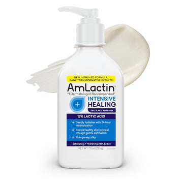 Amlactin Intensive Healing Body Lotion For Dry Skin, 14.1 Oz Pump Bottle, 2-In-1 Exfoliator & Moisturizer With Ceramides & 15% Lactic Acid For Relief From Dry Skin (Packaging May Vary)
