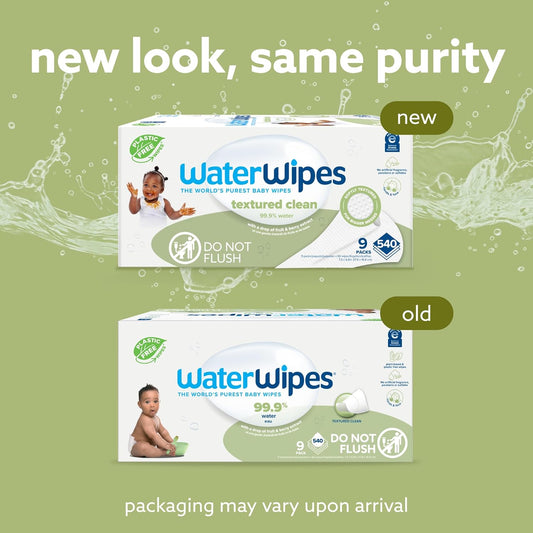 Waterwipes Plastic-Free Textured Clean, Toddler & Baby Wipes, 99.9% Water Based Wipes, Unscented & Hypoallergenic For Sensitive Skin, 540 Count (9 Packs), Packaging May Vary