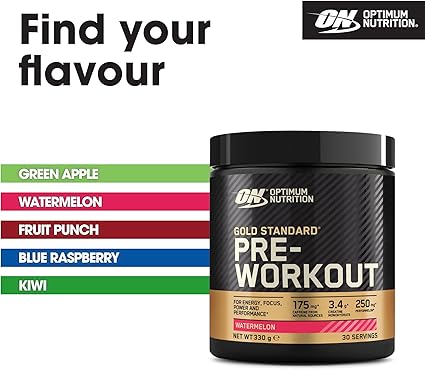 Optimum Nutrition Gold Standard Pre Workout Powder, Energy Drink With Creatine Monohydrate, Beta Alanine, Caffeine And Vitamin B Complex, Nutrition Supplement, Watermelon Flavour, 30 Servings, 330 G